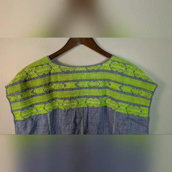 J.Crew Embroidery Neon Green Blue Chambray Linen Mini Cover Up Dress - Picture 8 of 10